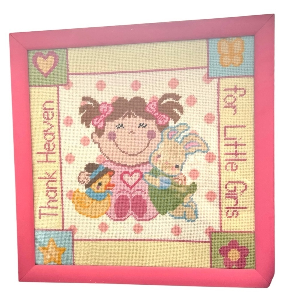 Framed Needlepoint Art Thank Heaven For Little Girls Pink Bright Bunny Nursery